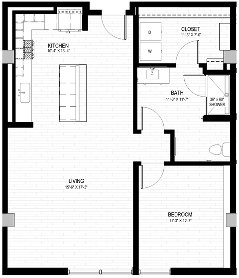 Floor plan for 1 bed, 1 bath, 902 sqft